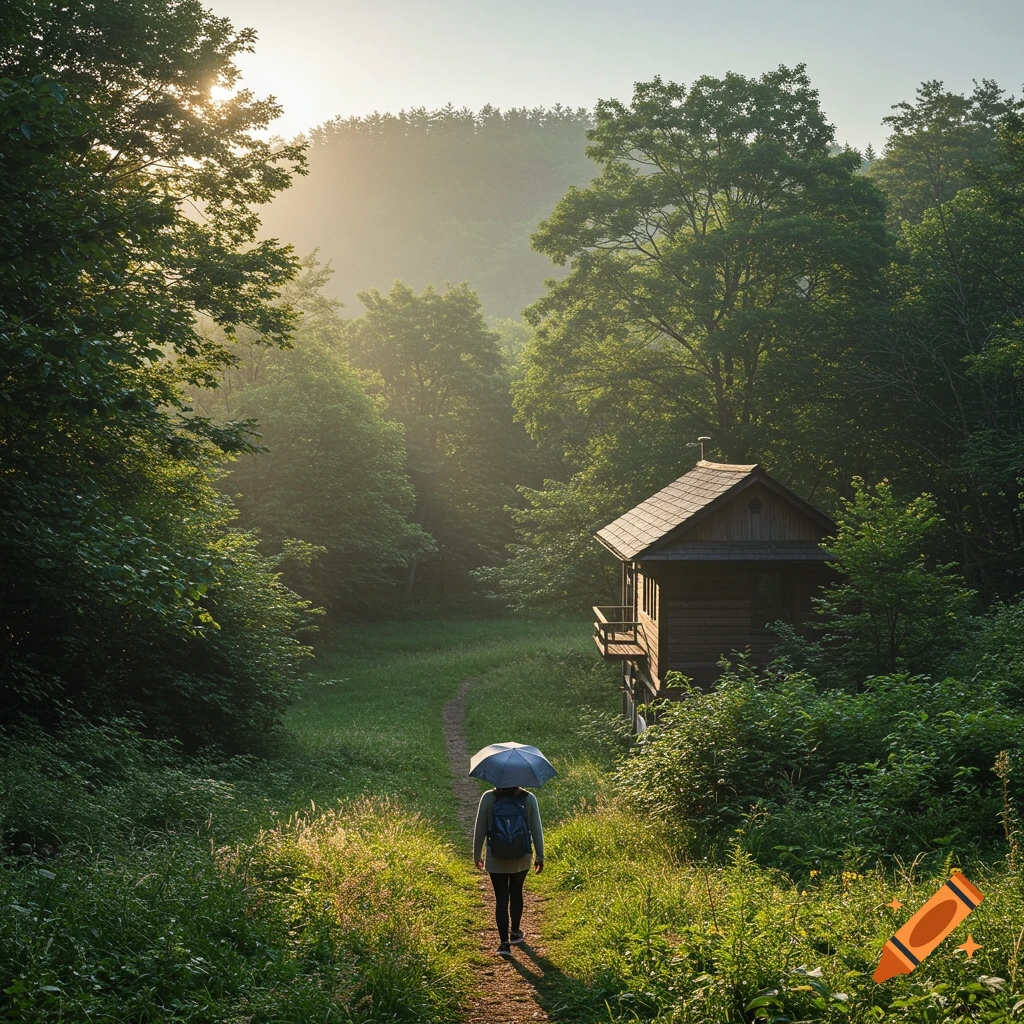 A person walks with an umbrella on a forest path towards a wooden cabin at sunset.