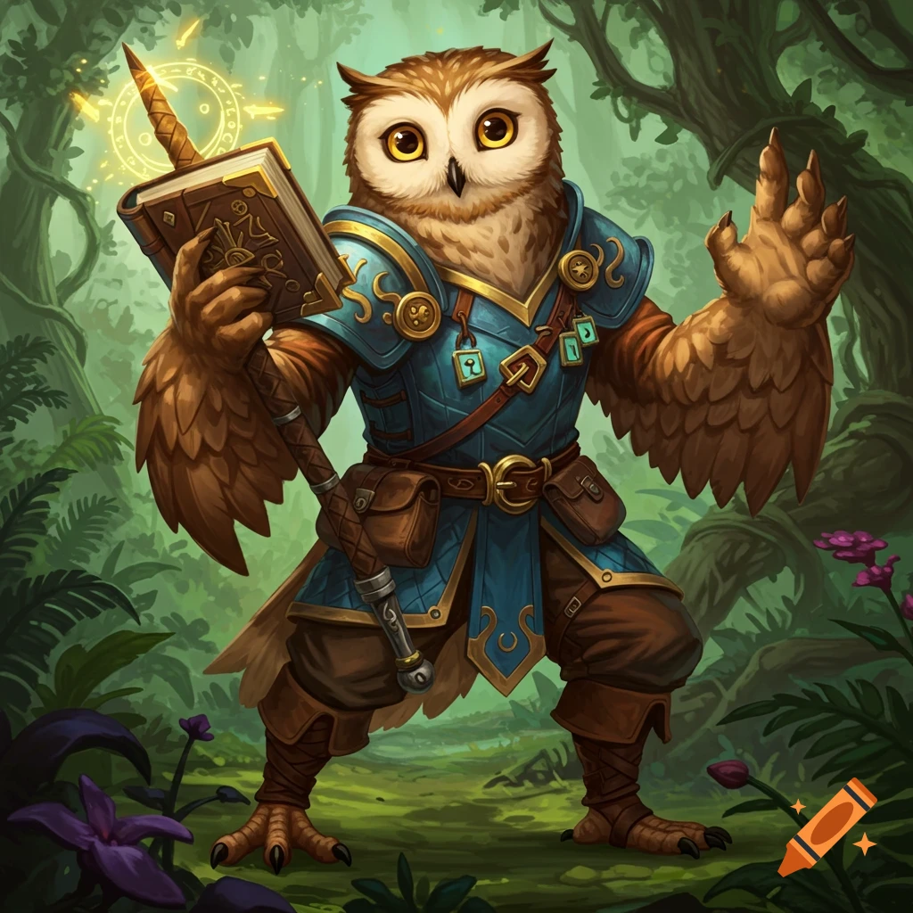 An armored owl character holds a book-mace in a forest.