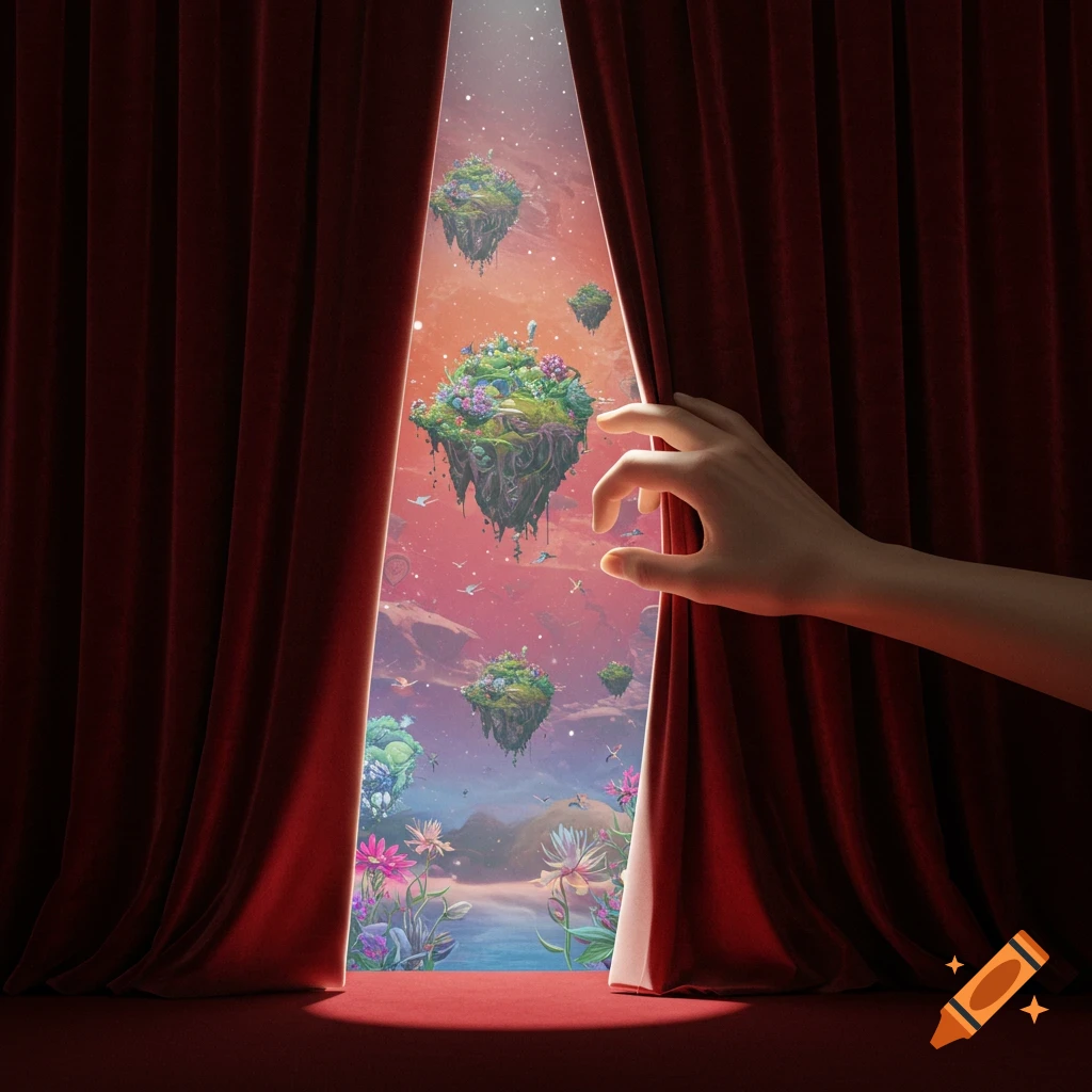 A hand pulls back a red curtain revealing floating islands with lush foliage in a pink sky.