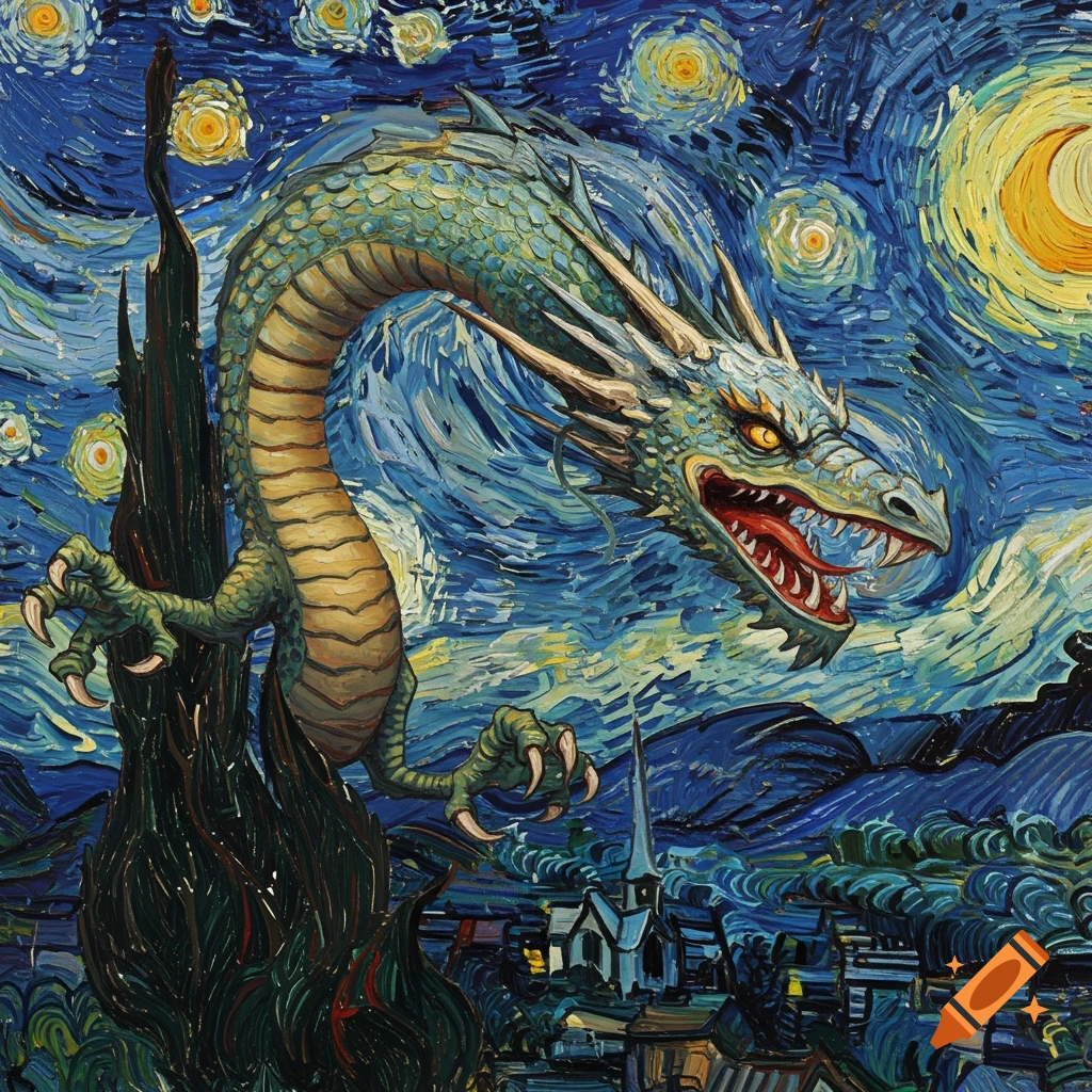 A dragon perches on a swirling tree against a starry night sky in the impasto style of Vincent van Gogh.