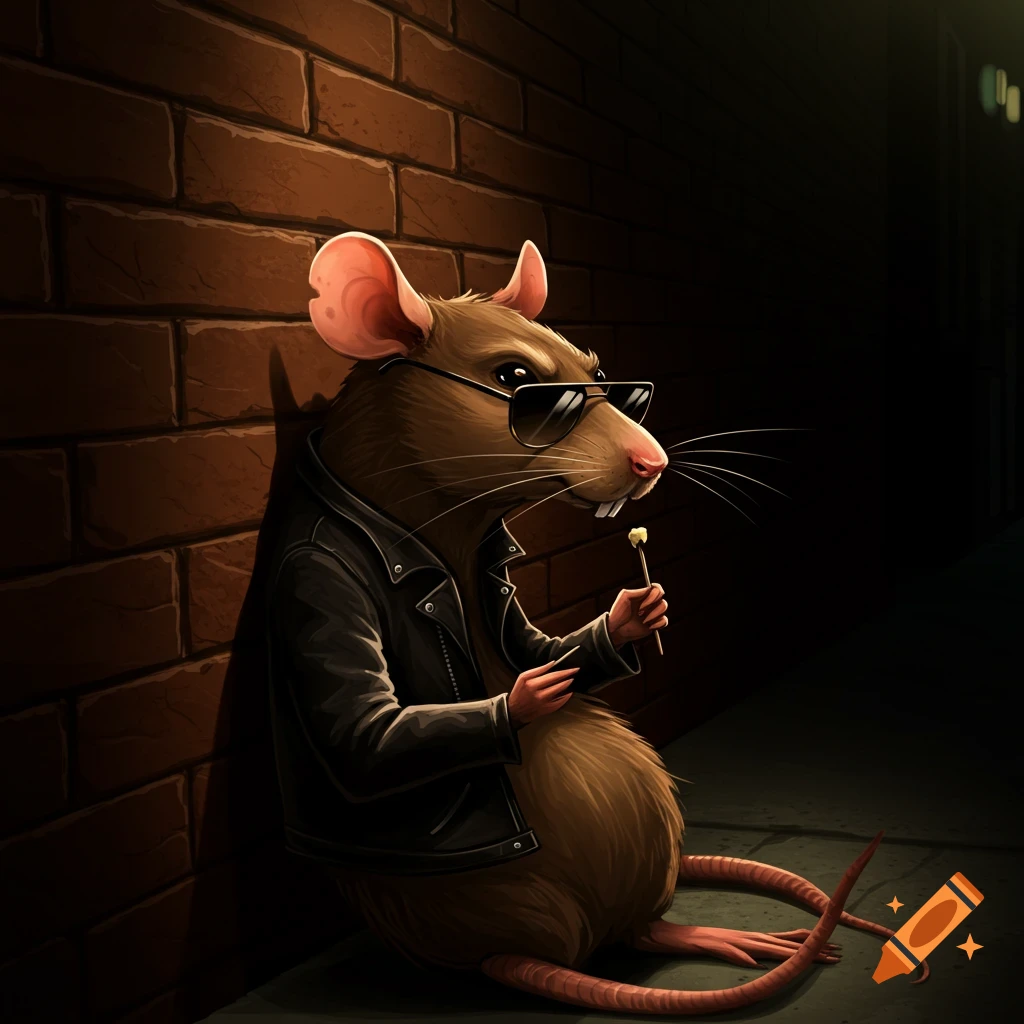A rat in a leather jacket leaning against a brick wall in an alley at night.