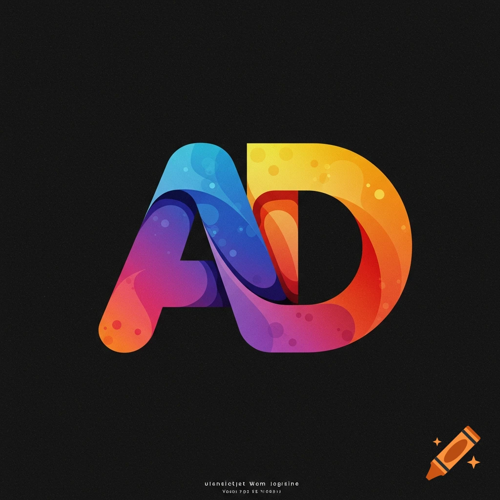 Abstract logo combining letters A and D with a colorful gradient and texture on a black background.