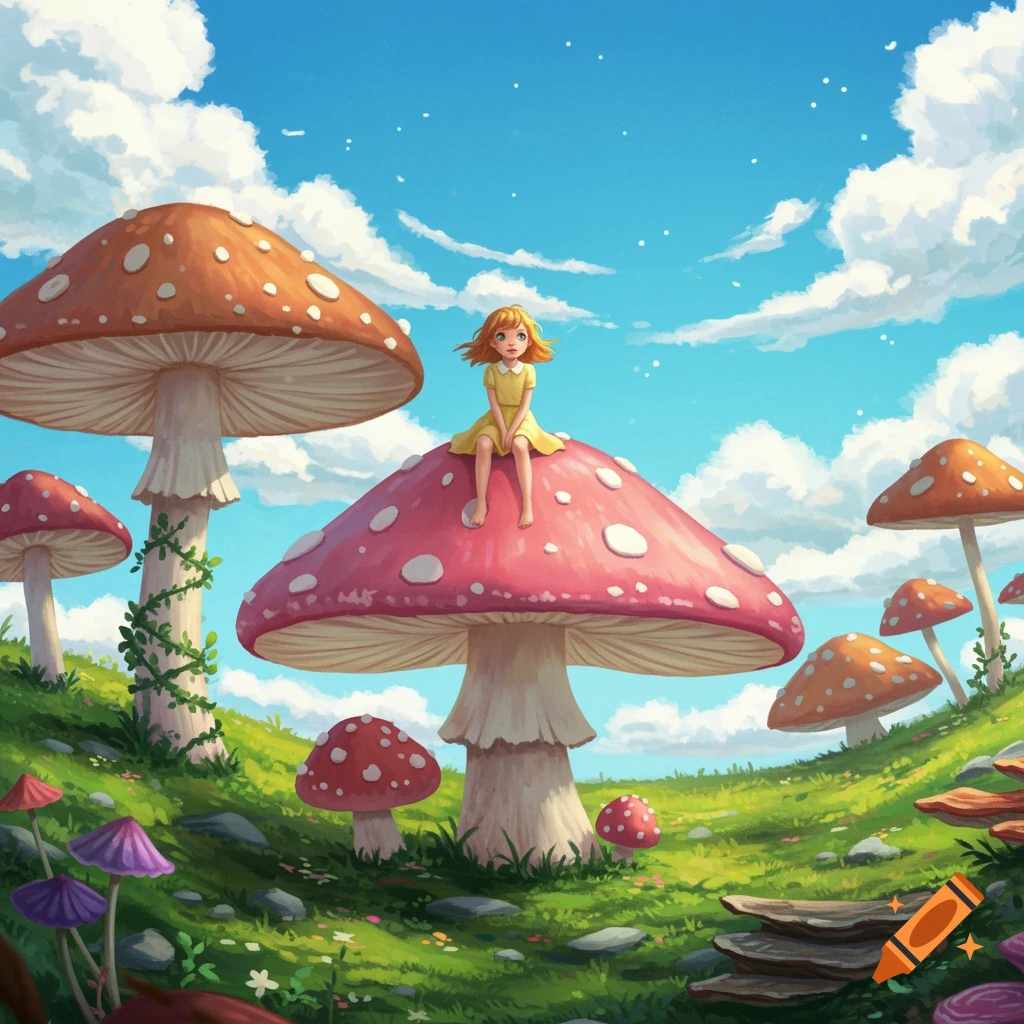 A young girl sits on a large pink mushroom in a colorful fantasy mushroom forest landscape.