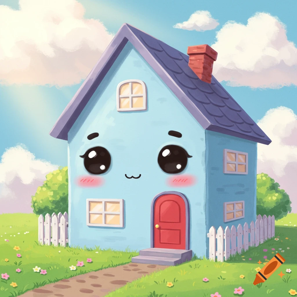 Kawaii house with a face and blush in a landscape.