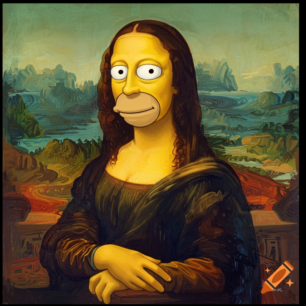 A figure resembling the Mona Lisa's body with Homer Simpson's head is sitting before a painted landscape.