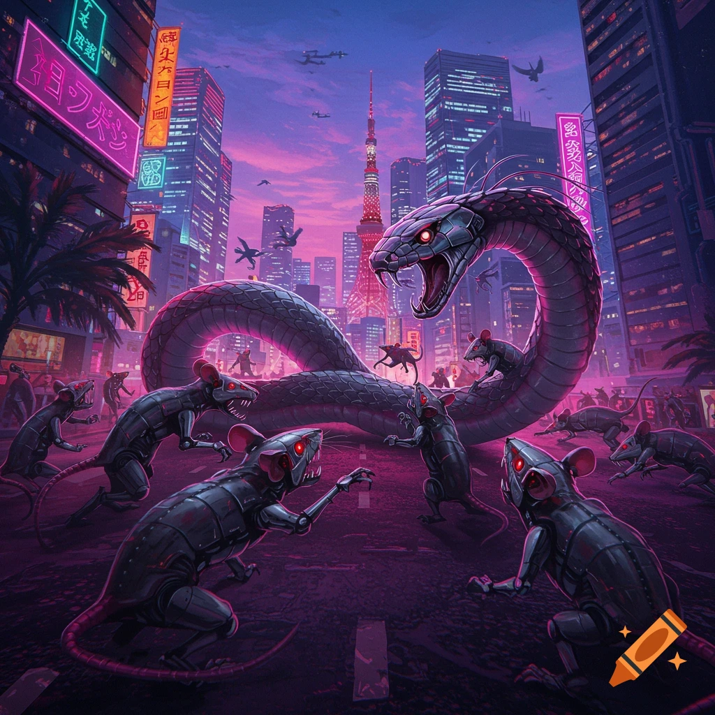 Cyberpunk Artwork of Marvel's Rhino and Giant Robot in Tokyo