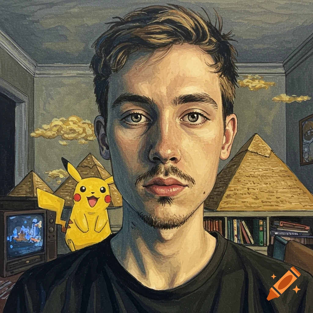 Mixed-media portrait of a man with a mustache, featuring Pikachu, pyramids, a TV, and books in the background.