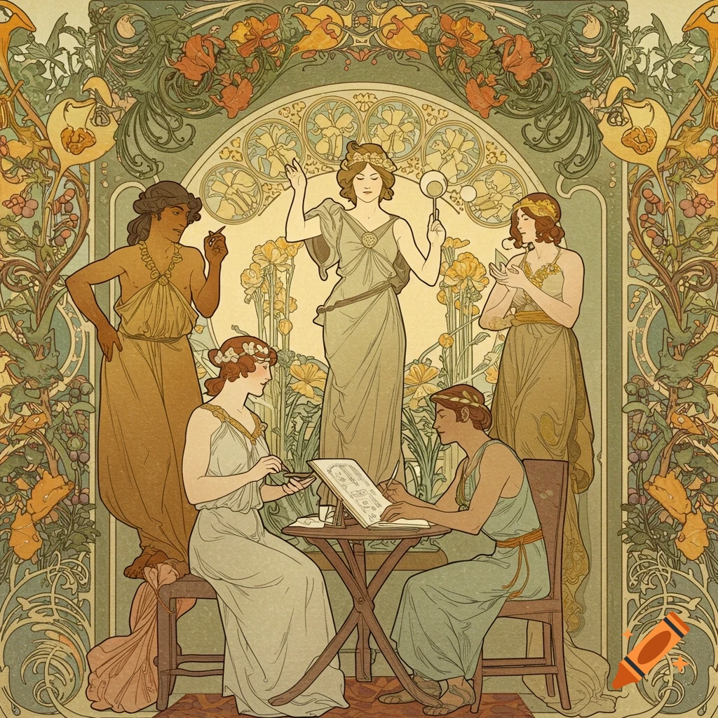 Art Nouveau illustration of women collaborating amidst decorative borders.