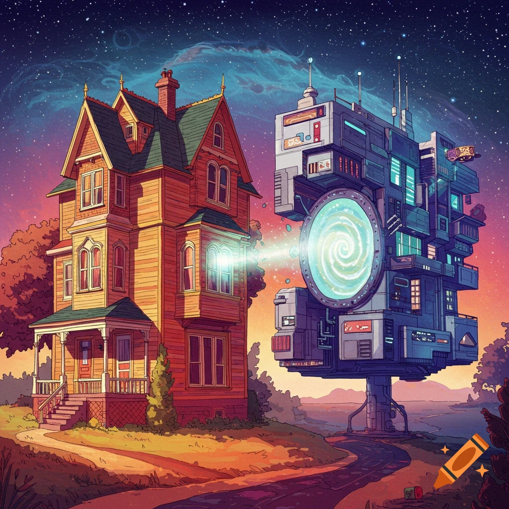 A Victorian house is connected to a futuristic structure with a glowing portal under a starry sky.