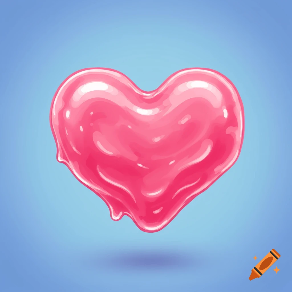 A pink, dripping heart shape on a blue background.