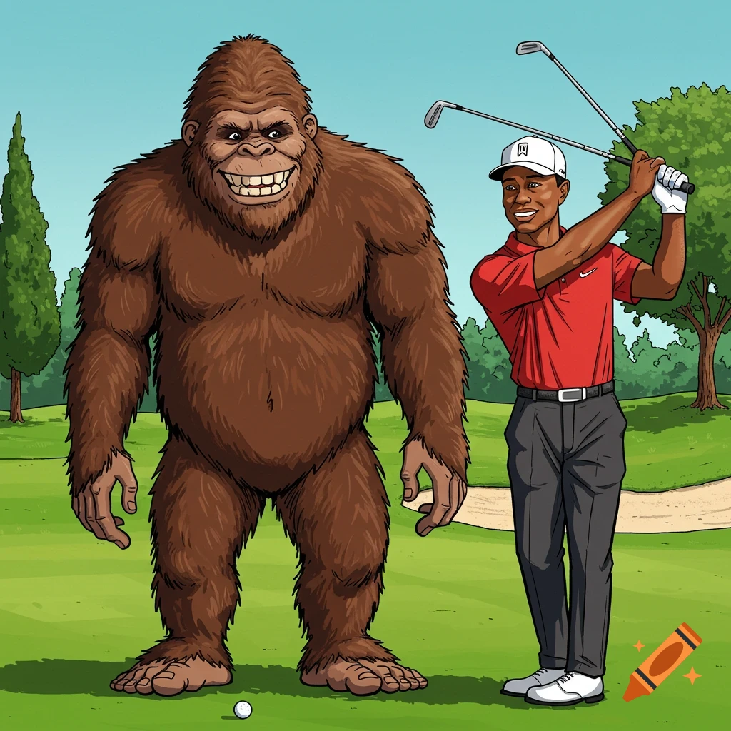 Cartoon illustration of Bigfoot and Tiger Woods playing golf.