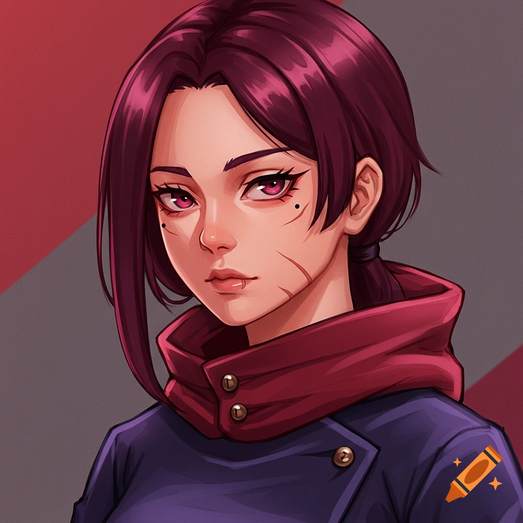 Anime style portrait of a woman with maroon hair, red eyes, and face scars.