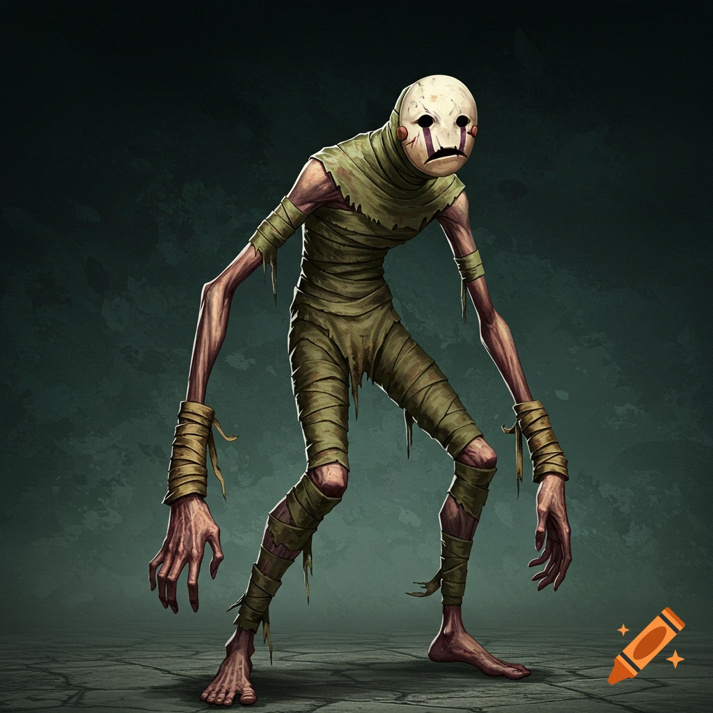 A twisted, gangly creature wrapped in green cloth wearing a white mask.