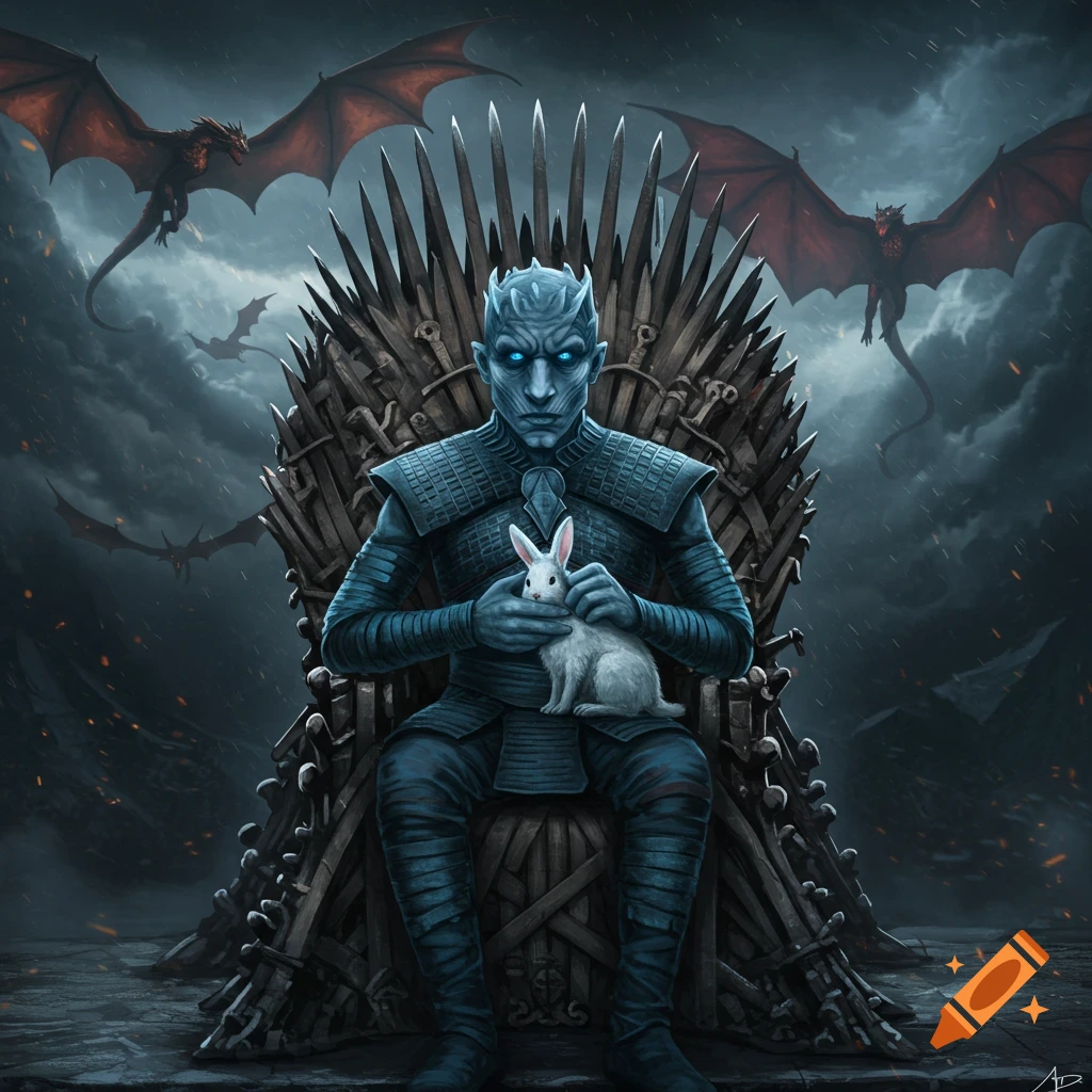 A fantasy character on the Iron Throne holding a bunny, with dragons flying overhead.