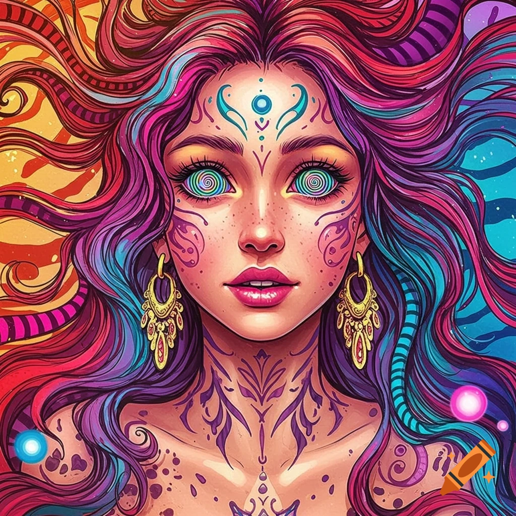 A woman with colourful psychedelic hair, swirl eyes, and tribal markings.