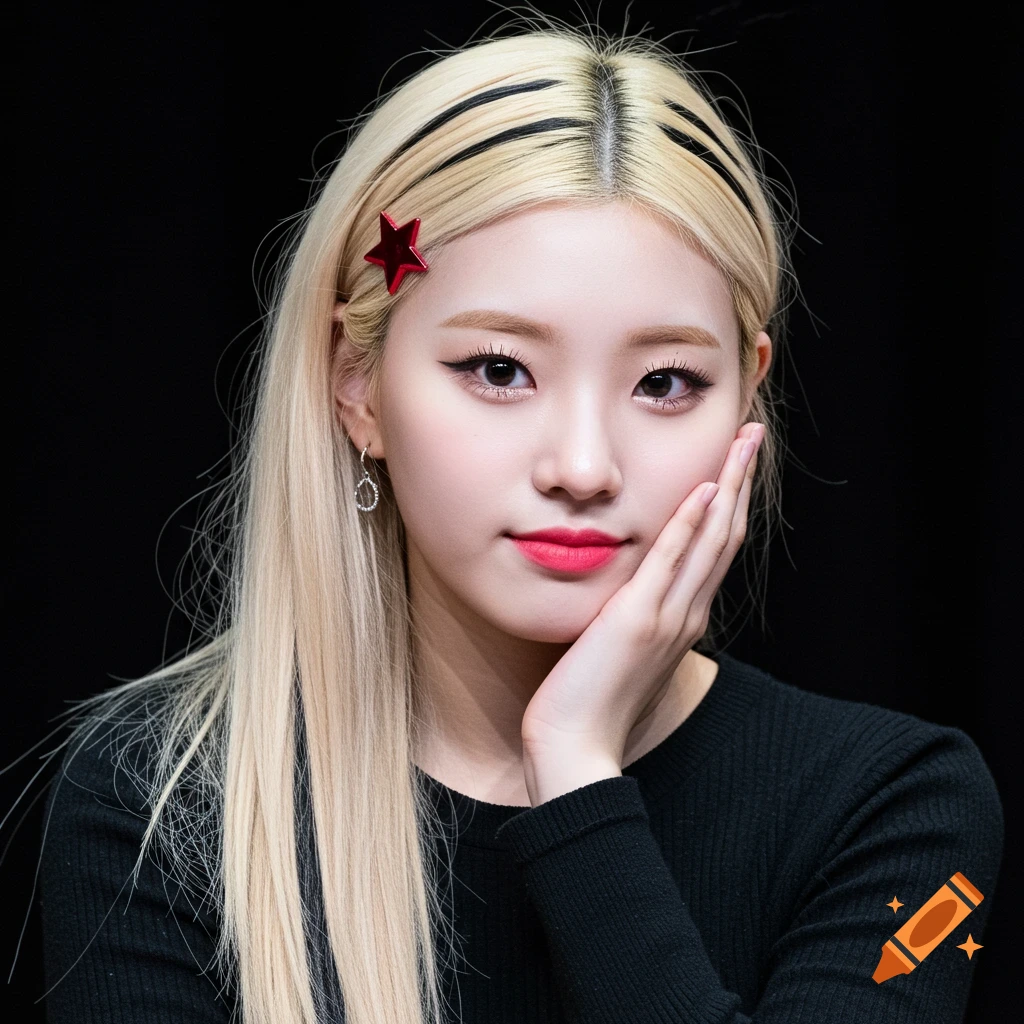 Close-up portrait of a woman with blonde and black streaked hair, red star clip, and black shirt against a black background.