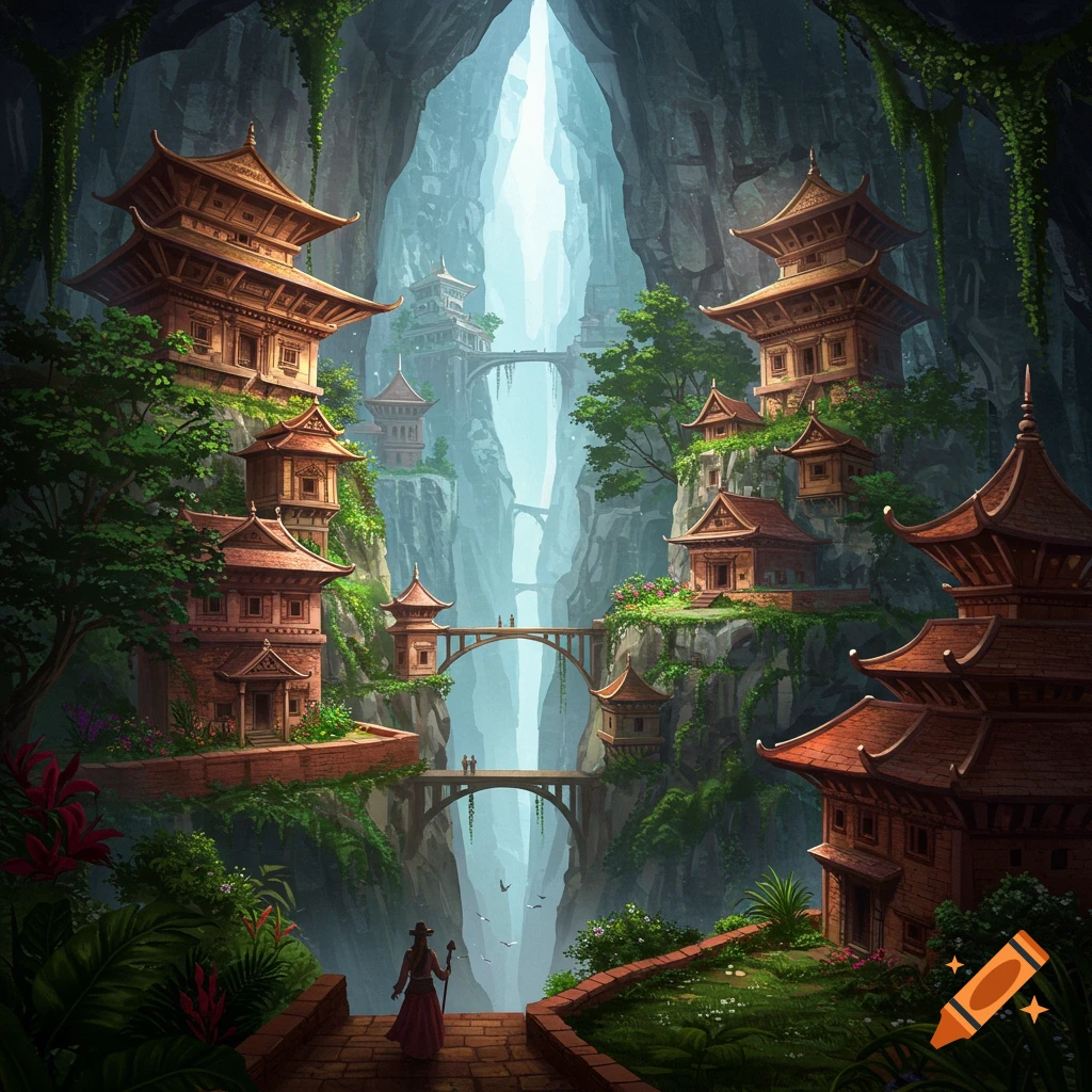 a fantasy village built into a deep ravine with traditional architecture, bridges, lush plants, and a figure looking down the valley