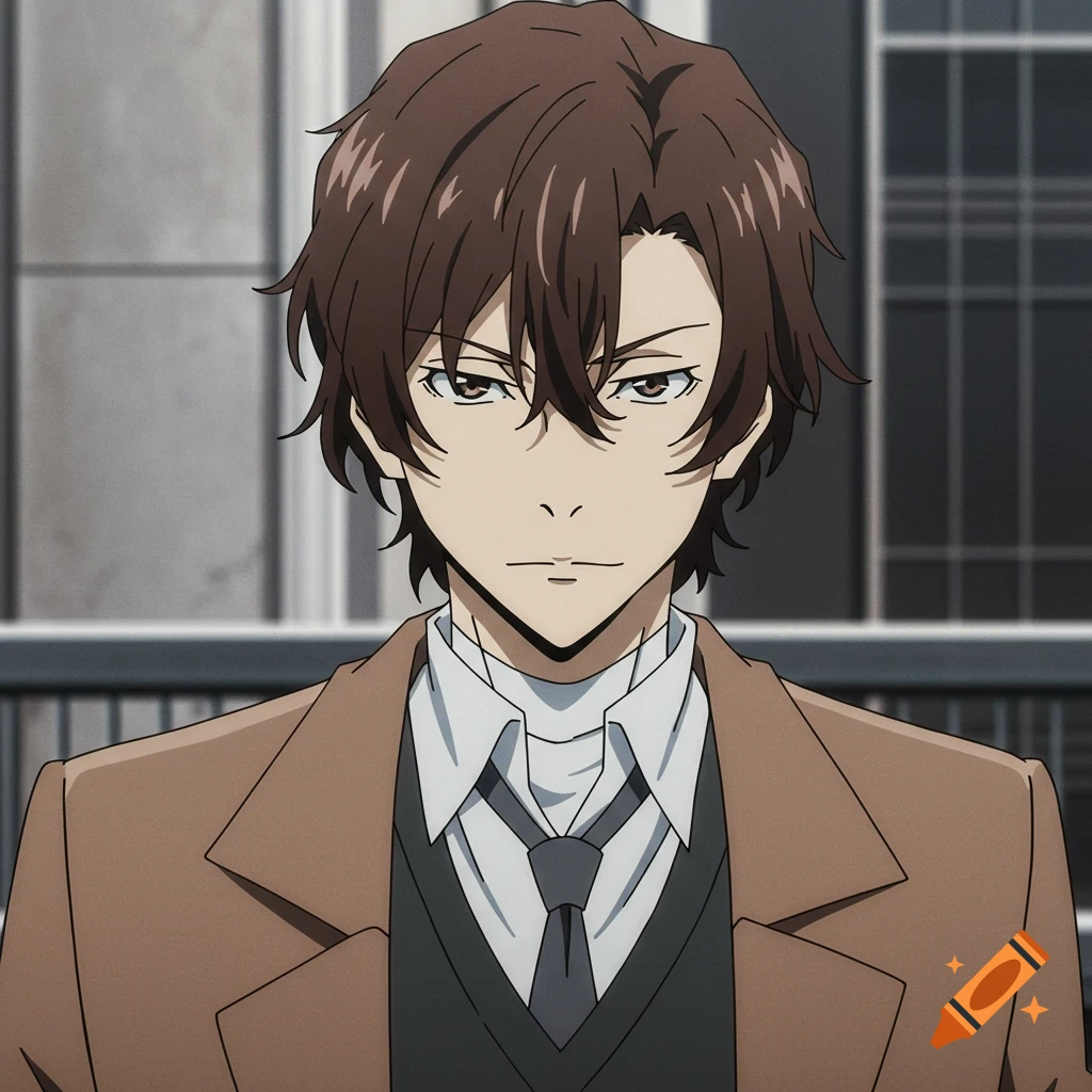 Anime portrait of a man with brown hair in a suit and tie.