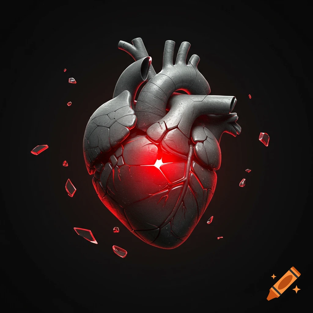 Surreal cracked heart glowing red, floating with shattered pieces on black