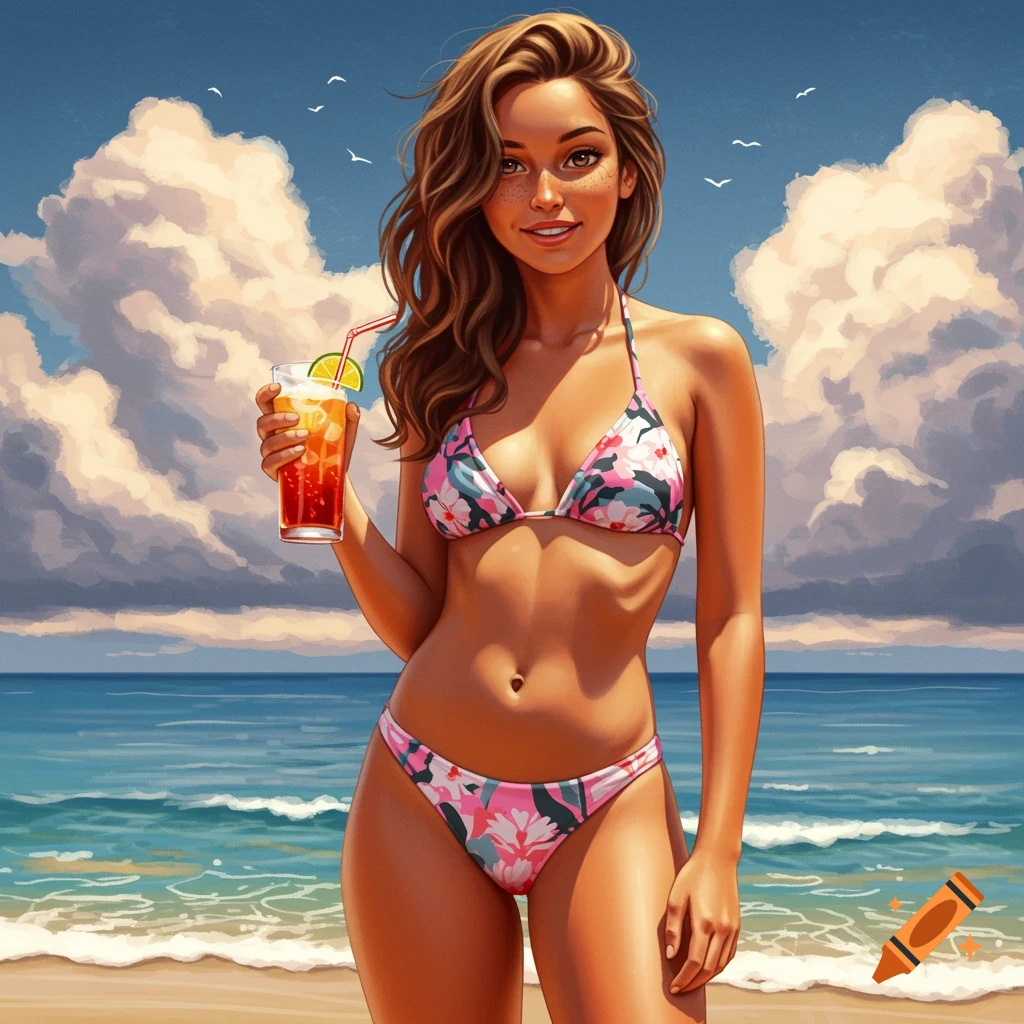 A woman in a bikini stands on a beach, holding a drink.