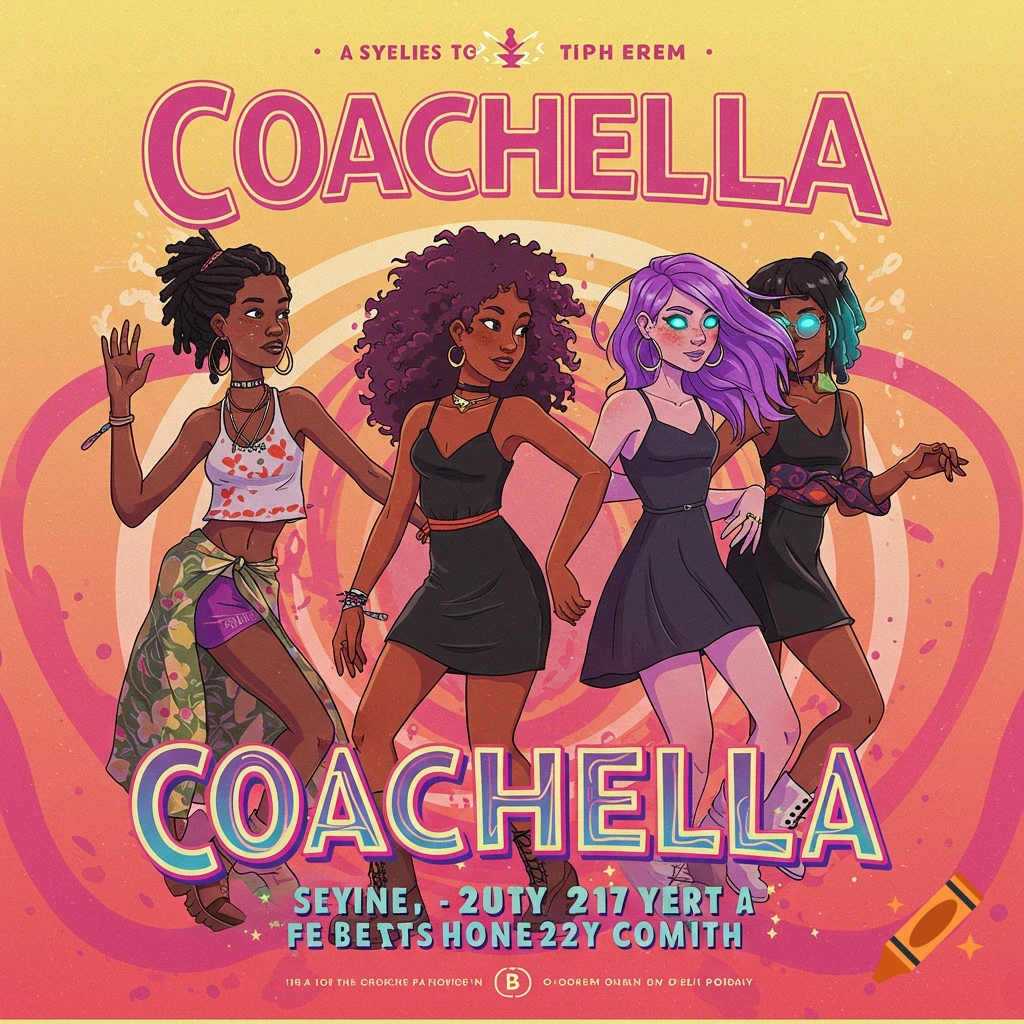 Illustration of four women dancing on a colorful background with the text COACHELLA.