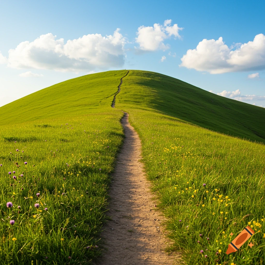 A winding dirt path leads up a steep green grassy hill under a blue sky with white clouds.