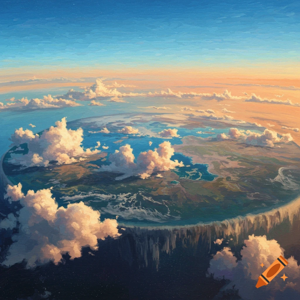 A view from above a flat earth, with clouds, land, water, and the edge dropping into space under a colorful sky.