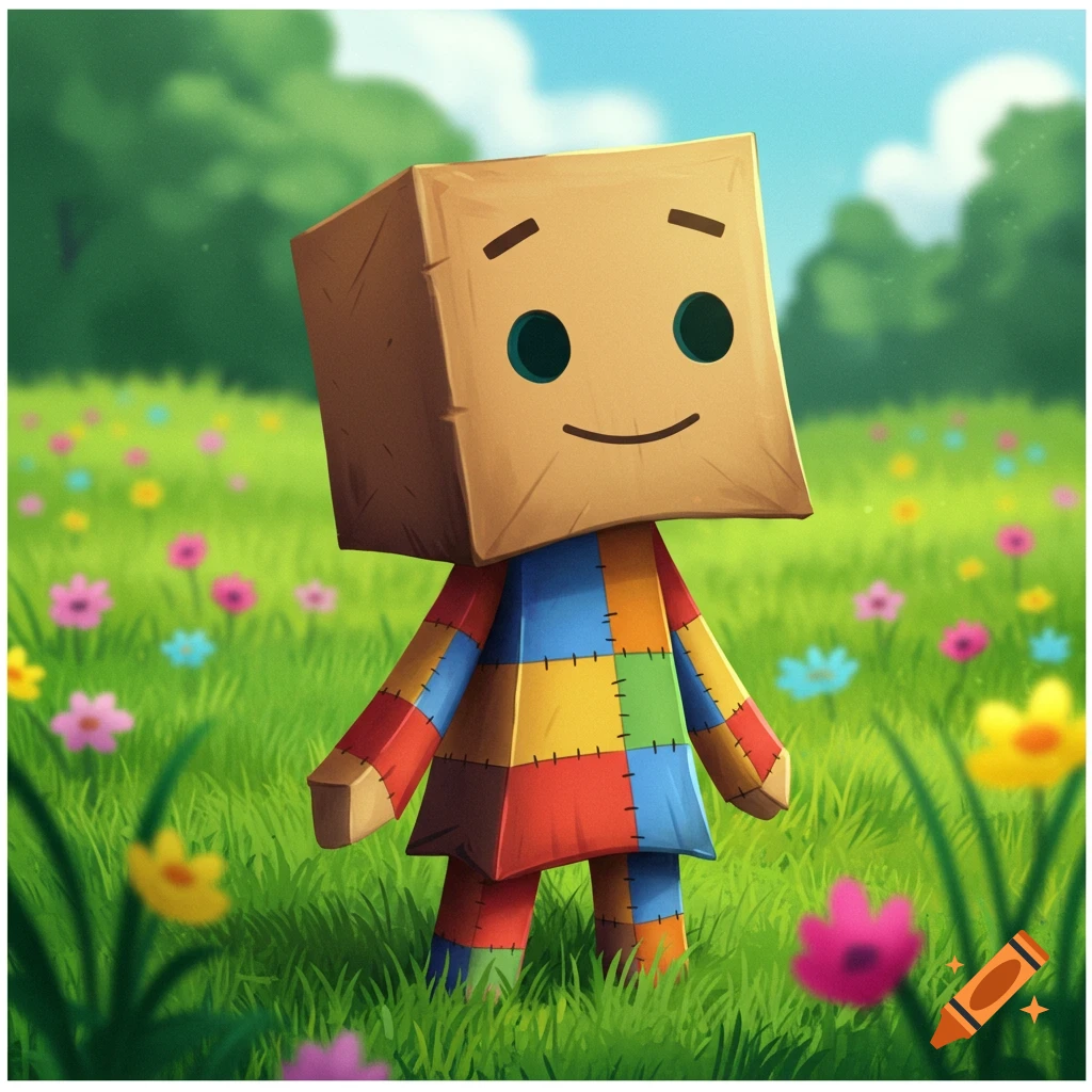 A cartoon character with a box head and patchwork body stands in a field of flowers.