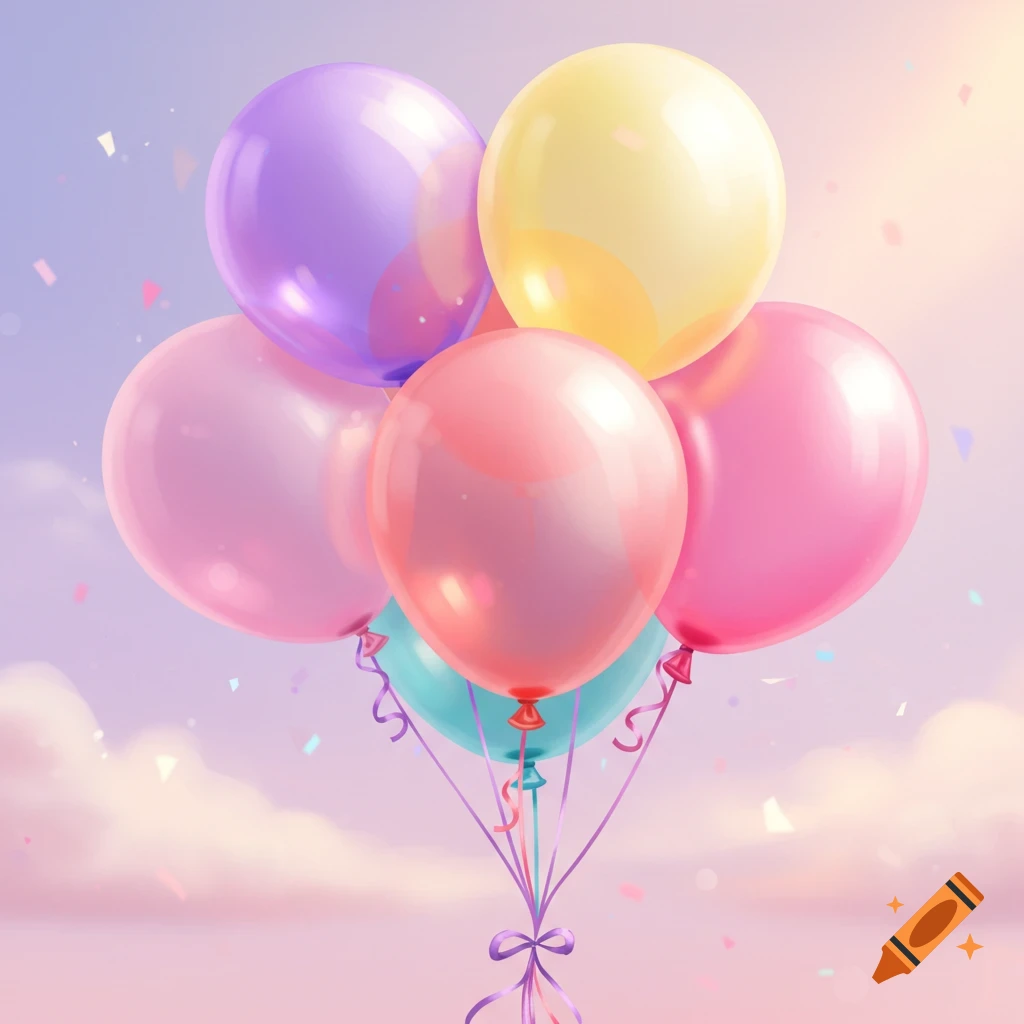 Colorful balloon bouquet against a cloudy sky with confetti