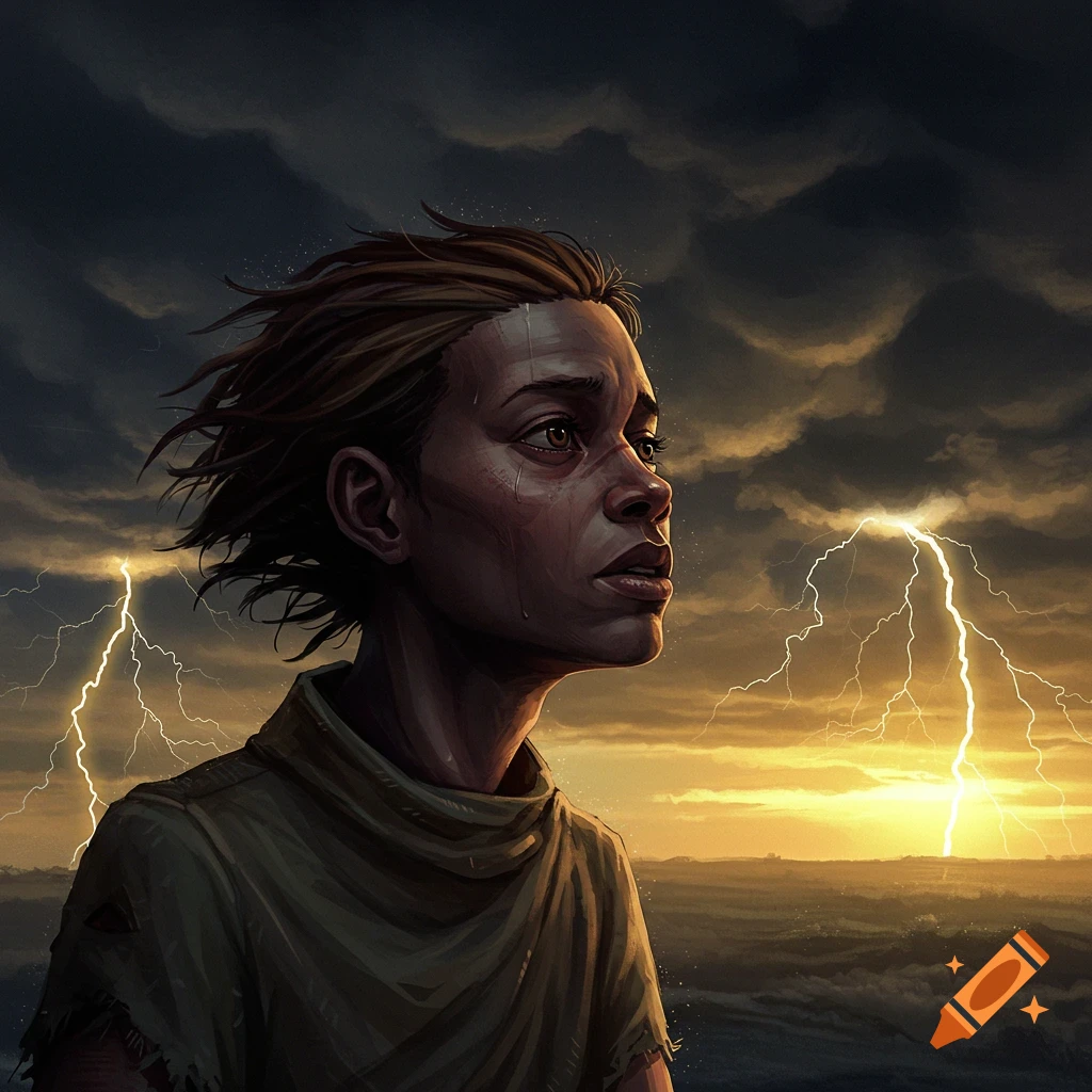 A person with tears, looking towards a stormy sky with lightning and rough seas.