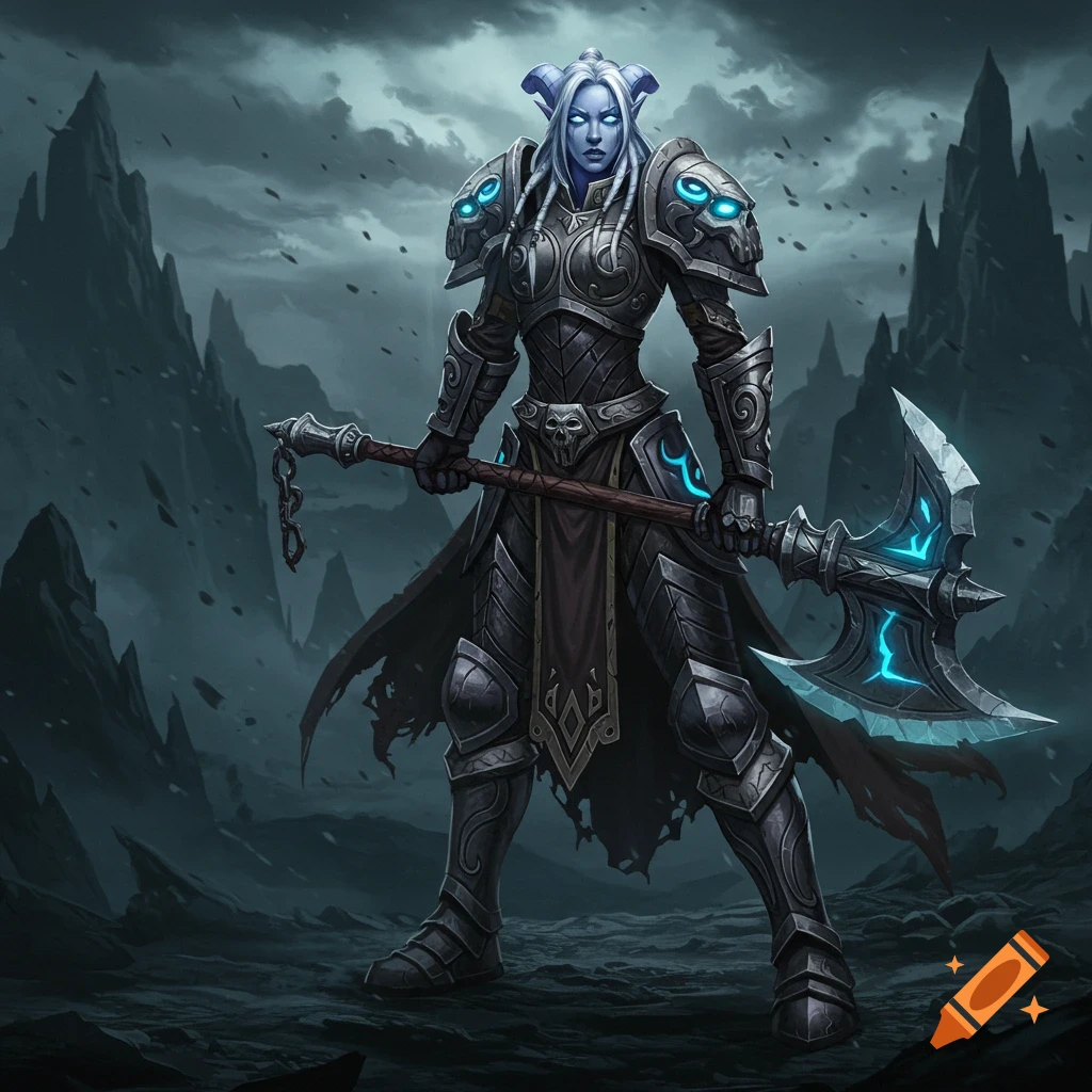 A blue-skinned fantasy warrior in dark armor with glowing blue accents holds a large axe in a desolate landscape.