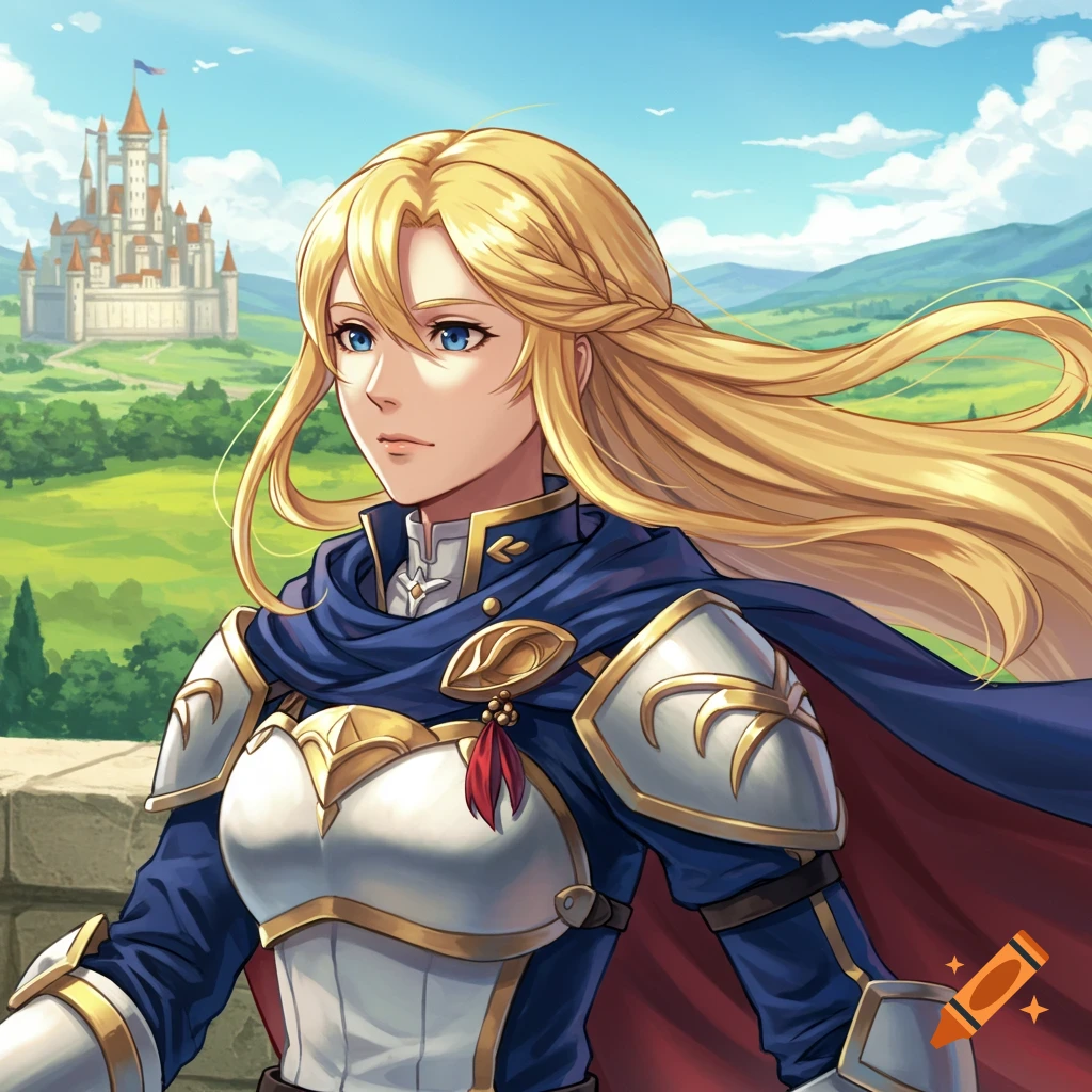 Blonde woman in fantasy armor with a blue cloak, castle background, anime style