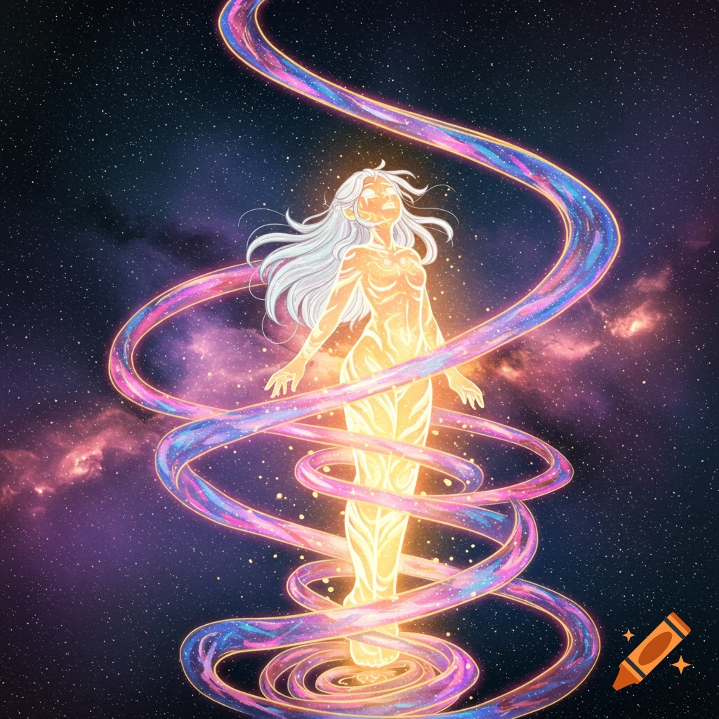 A glowing figure floats in space, surrounded by swirling cosmic energy.
