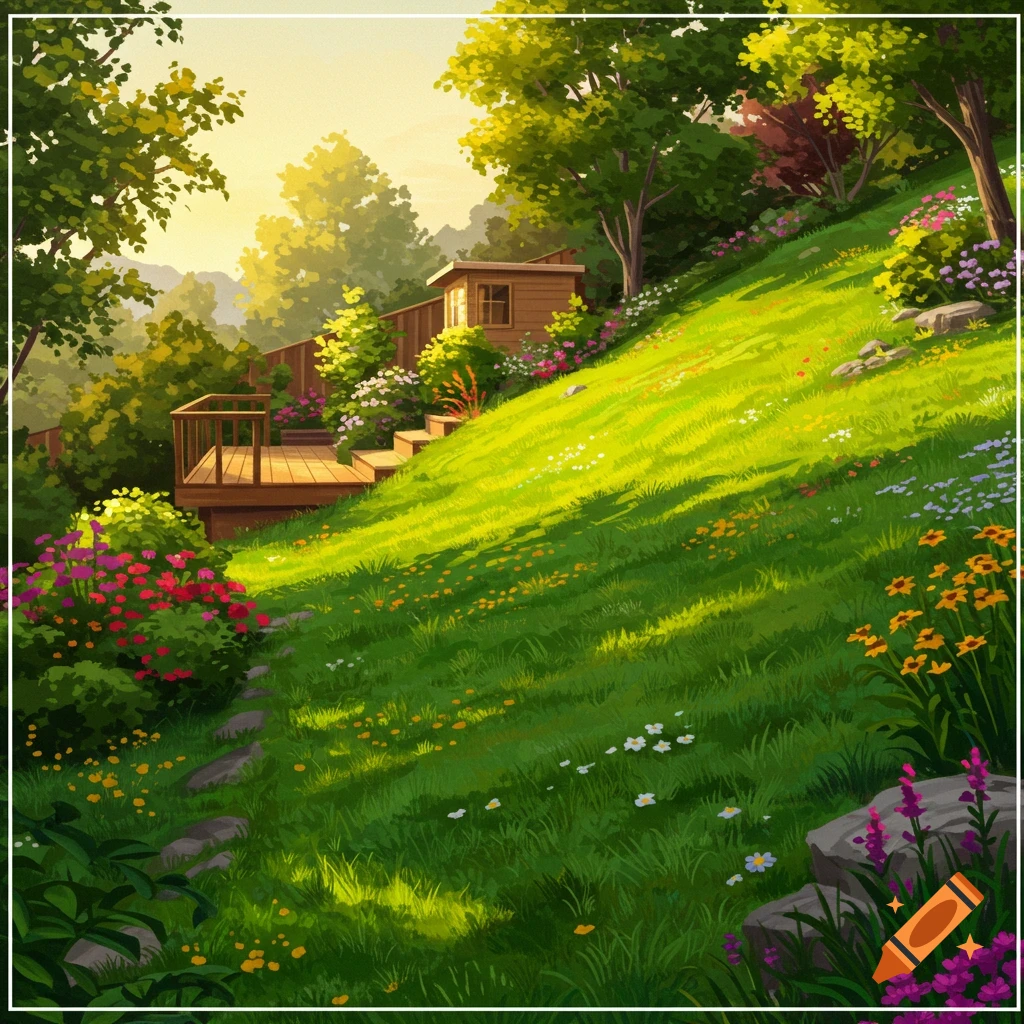 A sunny backyard with a sloped grassy hill, deck, stairs, trees, and flowers.