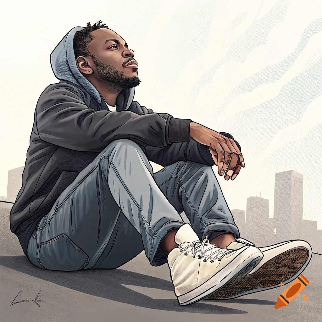 Illustration of a man resembling Kendrick Lamar sitting down outdoors with a city skyline in the background.