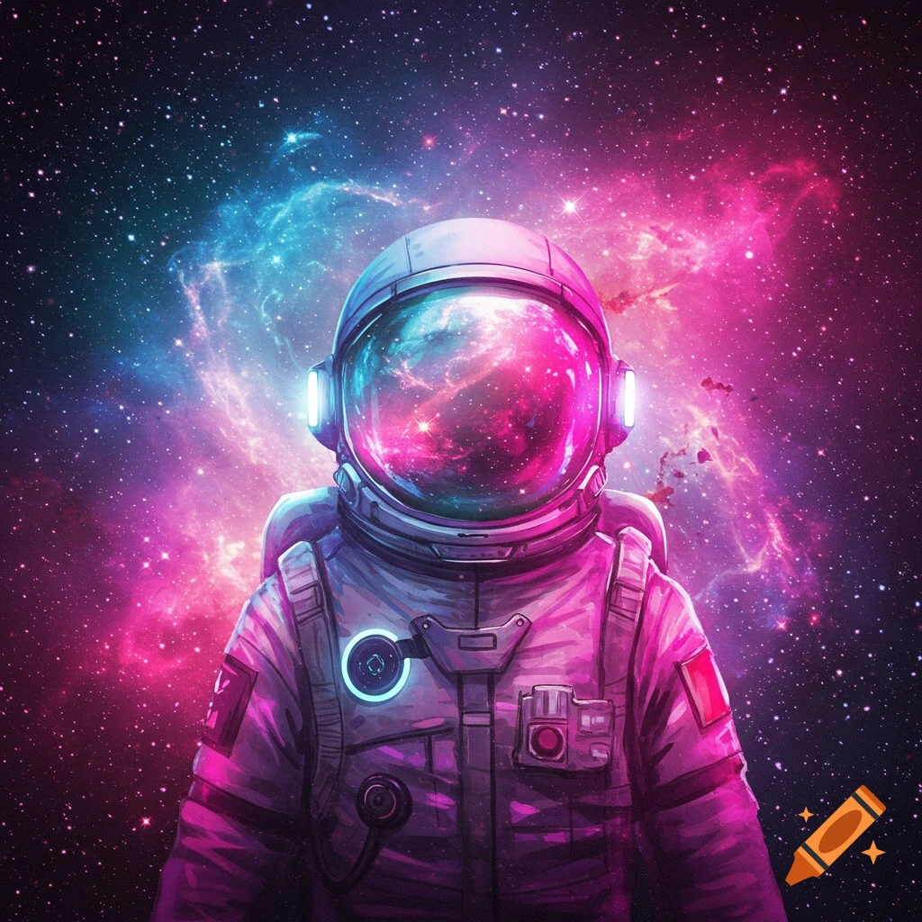 An astronaut in a space suit with a reflective visor, standing in front of vibrant pink and blue nebulas and stars.