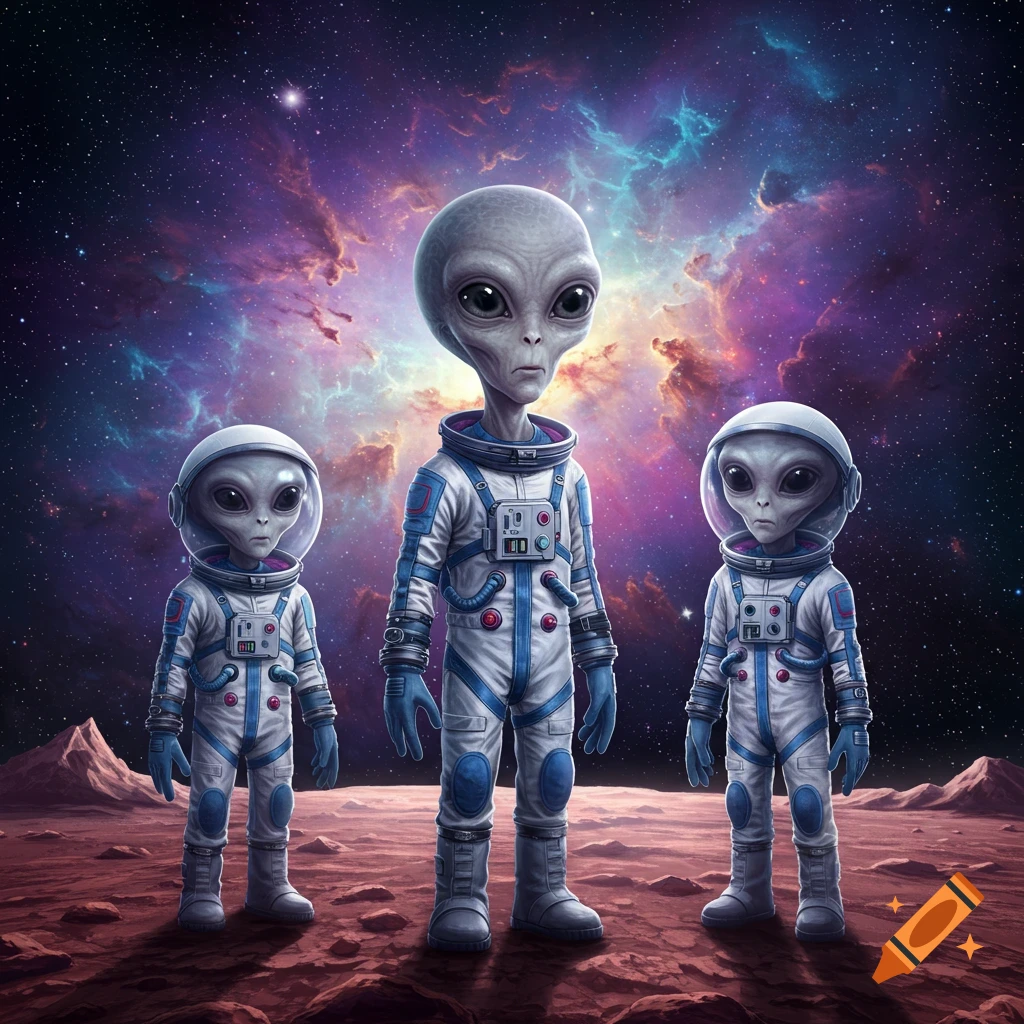 Three grey aliens in astronaut suits stand on a red planet under a vibrant galaxy sky.