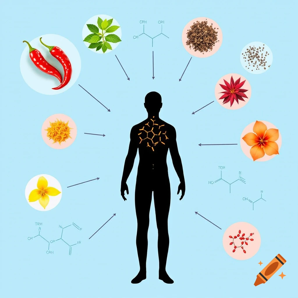 Diagram showing a human silhouette surrounded by images of spices, plants, and chemical structures connected by arrows.