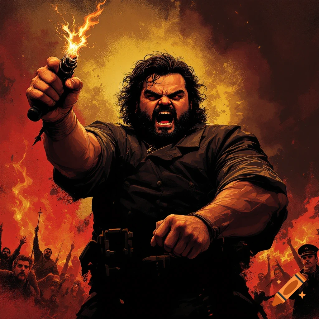 A man with a beard is yelling while holding a pistol that is firing flames above a cheering crowd.