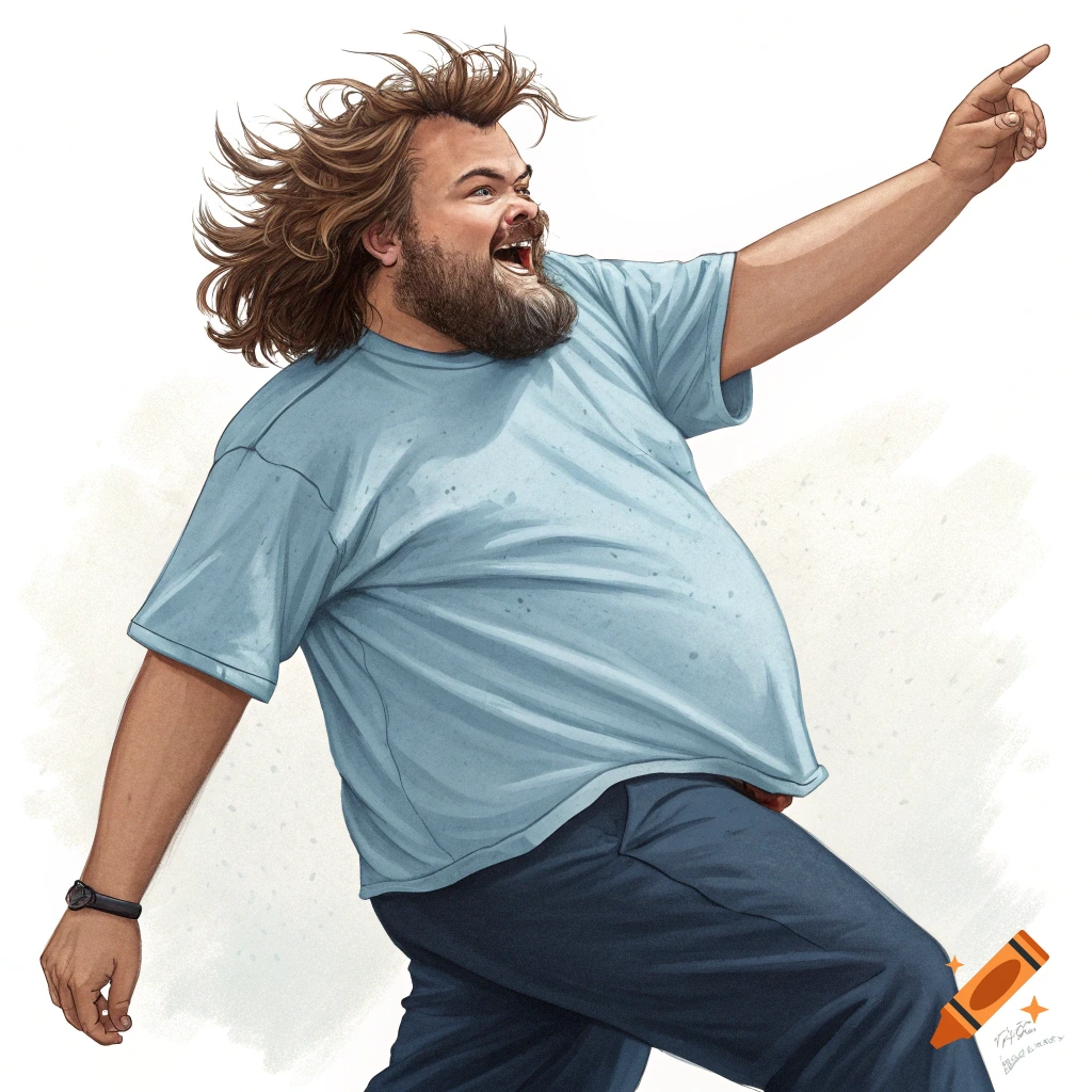 Illustration of a bearded man with wild hair in a blue shirt and dark pants pointing.