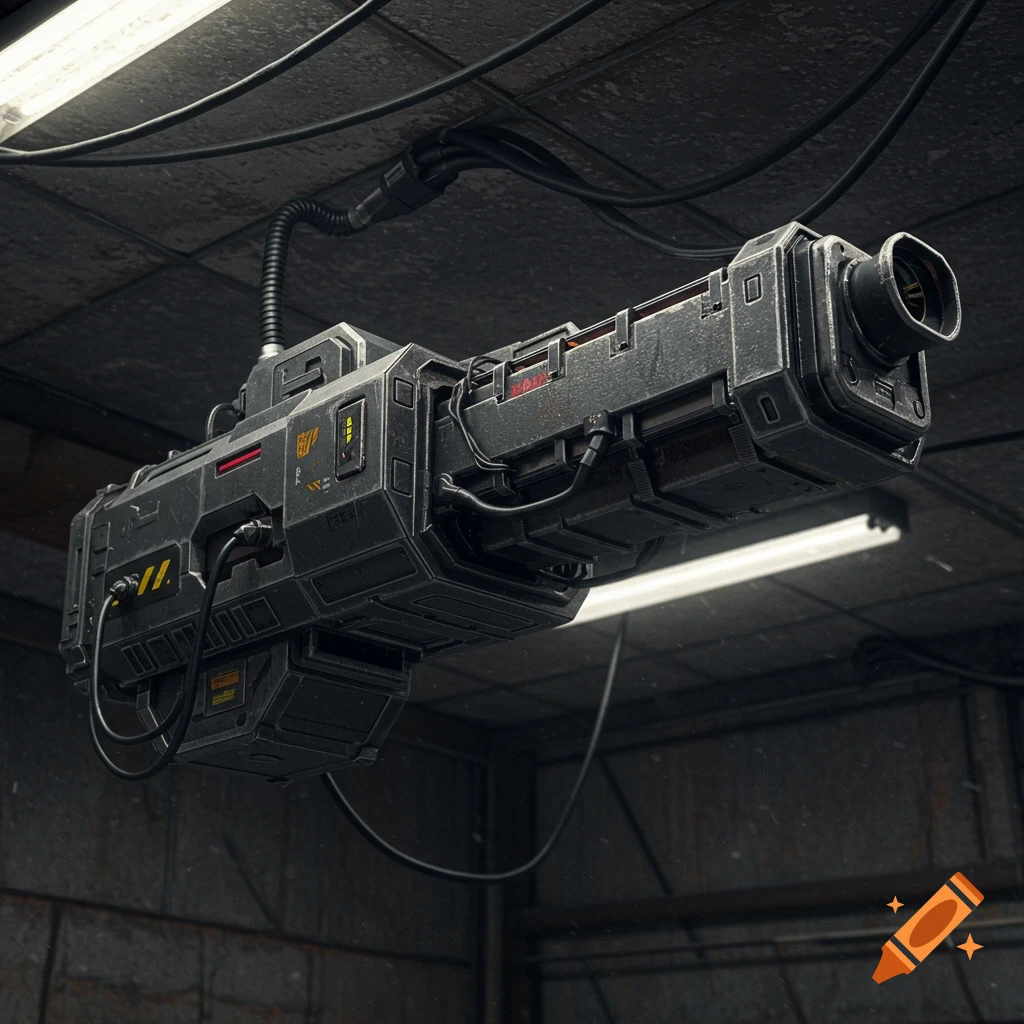 A detailed sci-fi laser turret hangs from wires and pipes in an industrial room.