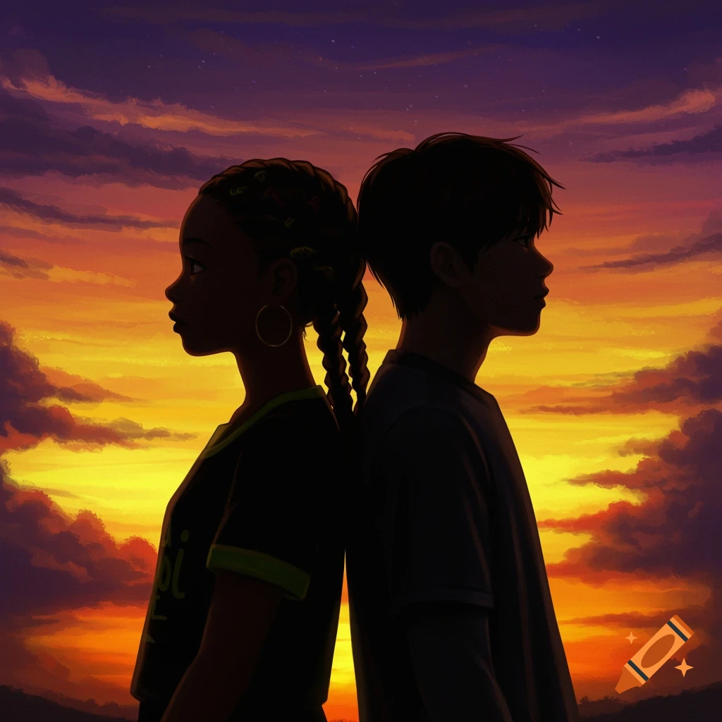 Silhouettes of a girl and a boy standing back to back against a vibrant sunset.