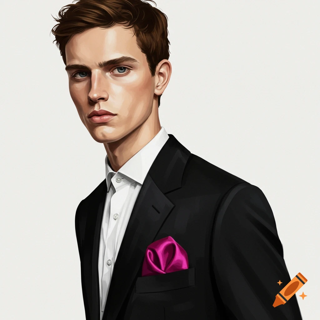 A young man in a black suit with a pink pocket square.