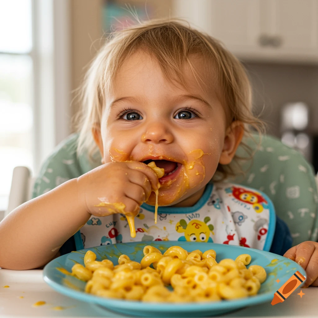 Smiling toddler eating messy macaroni and cheese in a high chair, close-up photo