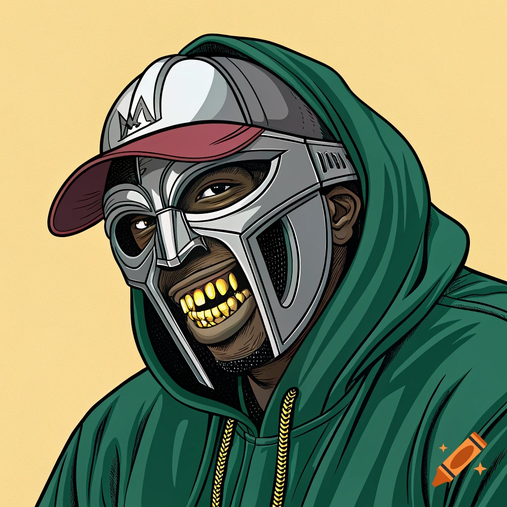 Illustration of MF DOOM wearing his mask, a cap, hoodie, and gold chain, done in a vector graphic style.