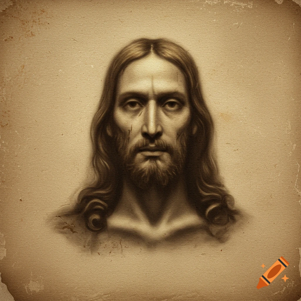 A sepia-toned image of Jesus' face, styled like the Shroud of Turin, on aged paper.