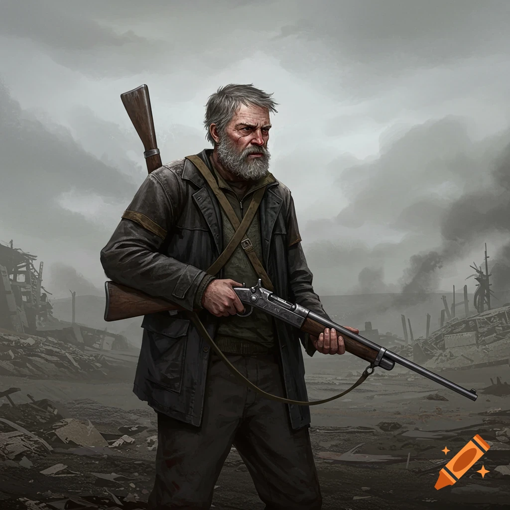 An old man with a rifle stands in a desolate apocalyptic landscape.