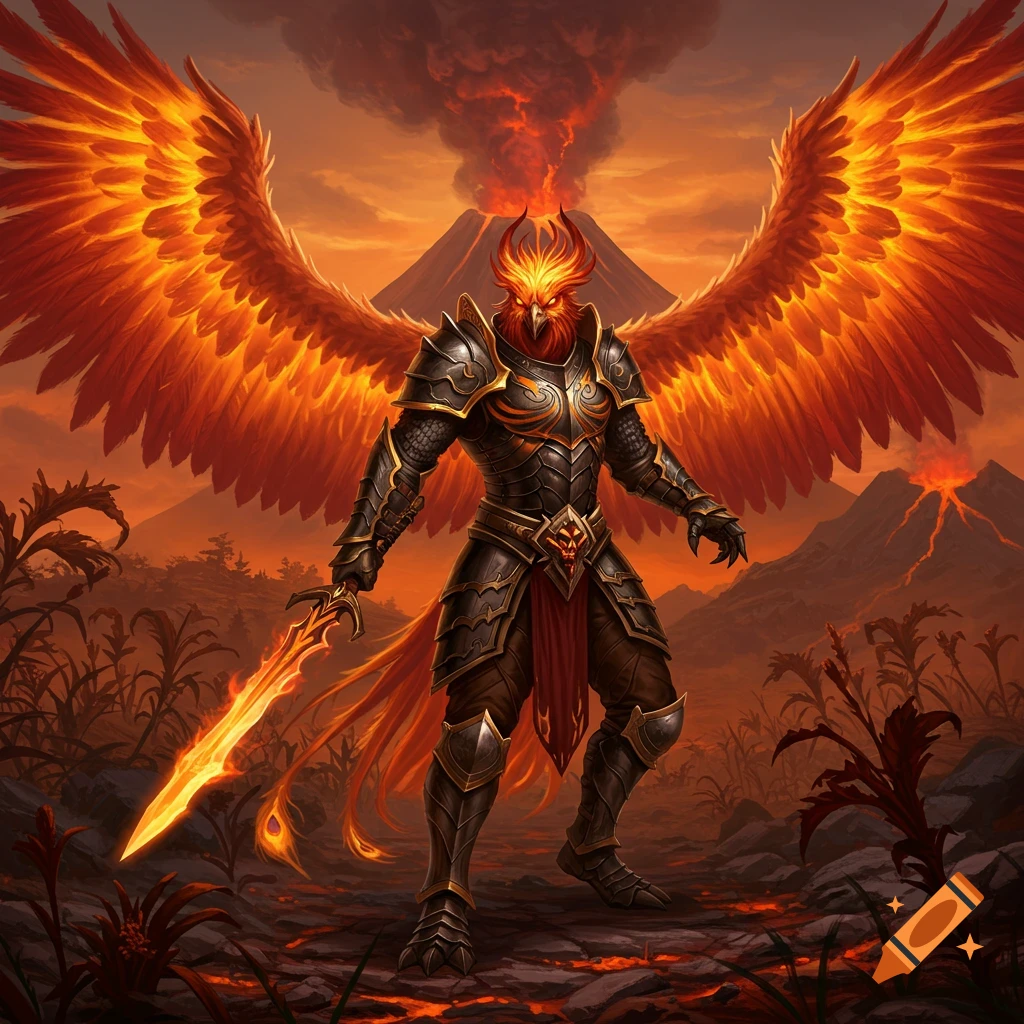 A phoenix warrior in dark armor with fiery wings stands in a volcanic landscape holding a glowing sword.