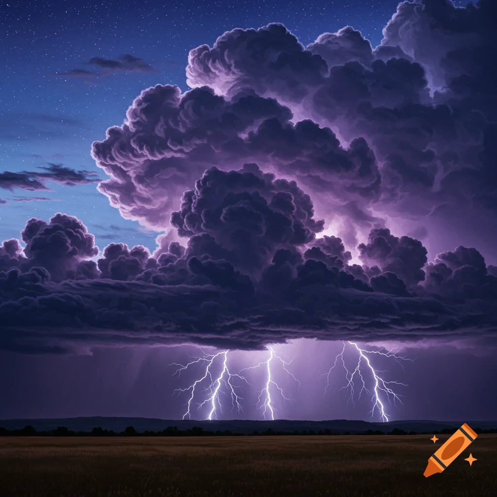 A dramatic thunderstorm at night with lightning striking over a field.