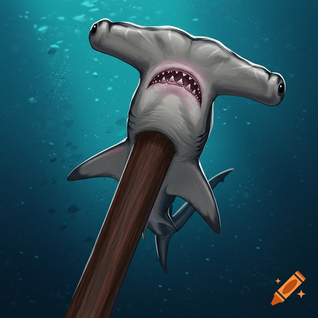 a hammer with a hammerhead shark head underwater